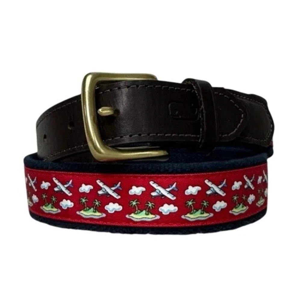 Vineyard Vines Mens 32 Canvas Club Belt Red Island Airplane Navy Leather Brass